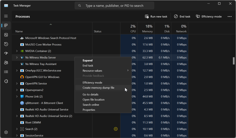 The processes tab of the Task Manager in Windows 11